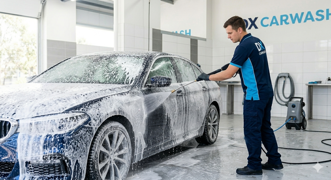 Mobil sedang dicuci dengan busa di DX Carwash.