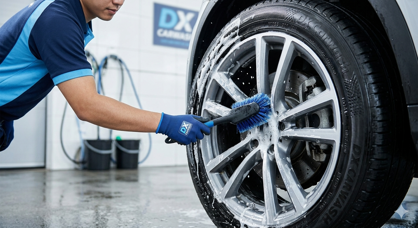 Petugas membersihkan velg dan ban mobil.