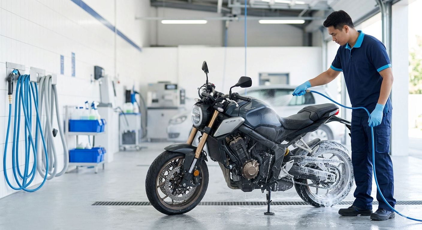 Layanan cuci motor reguler di DX Carwash.